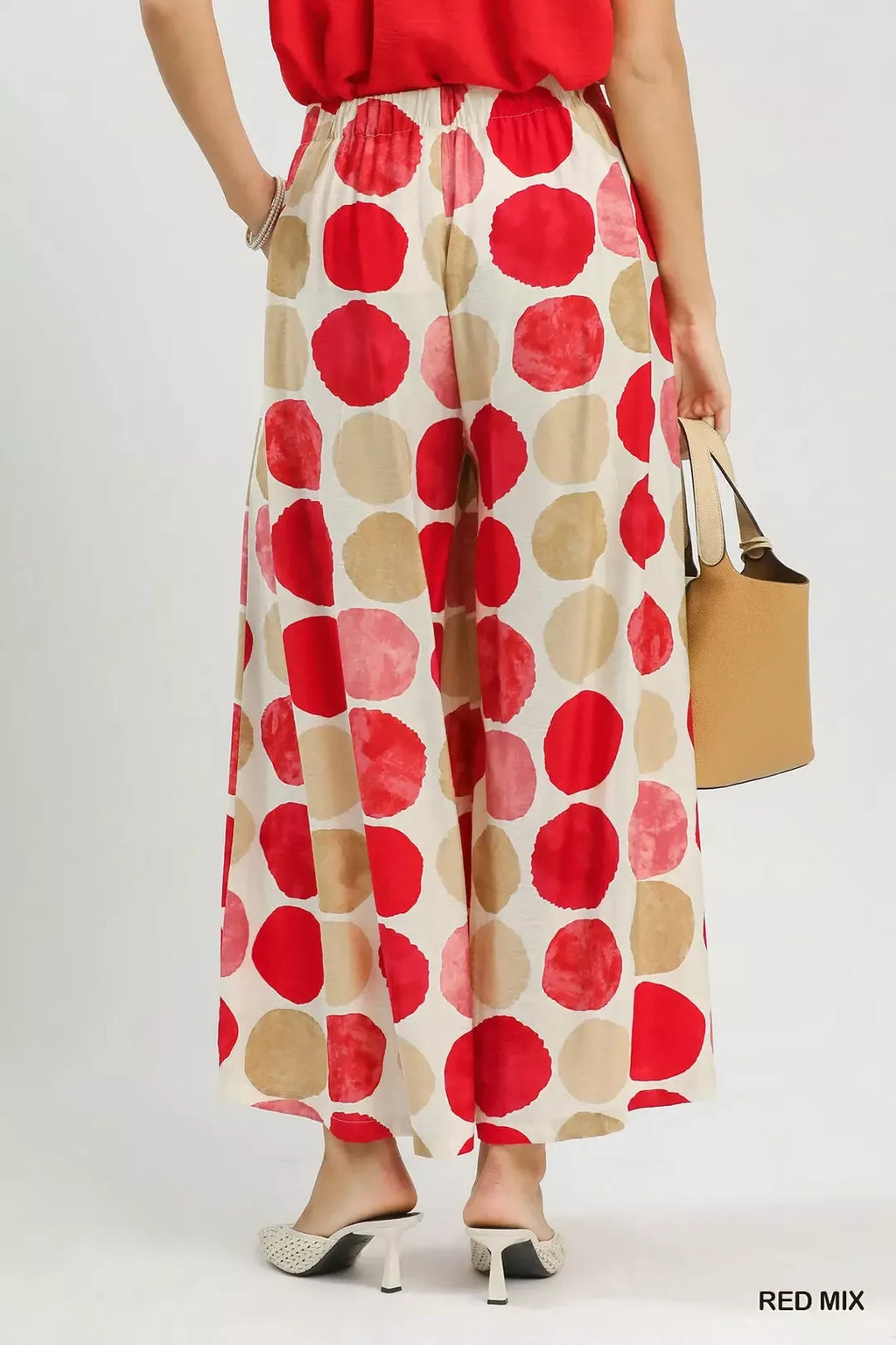 High-waisted wide-leg pants, elastic waist, red dot print RED MIX