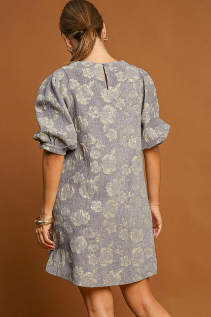 Gray Floral Jacquard Puff Sleeve Mini Dress - Tigbul's Variety Fashion Shop