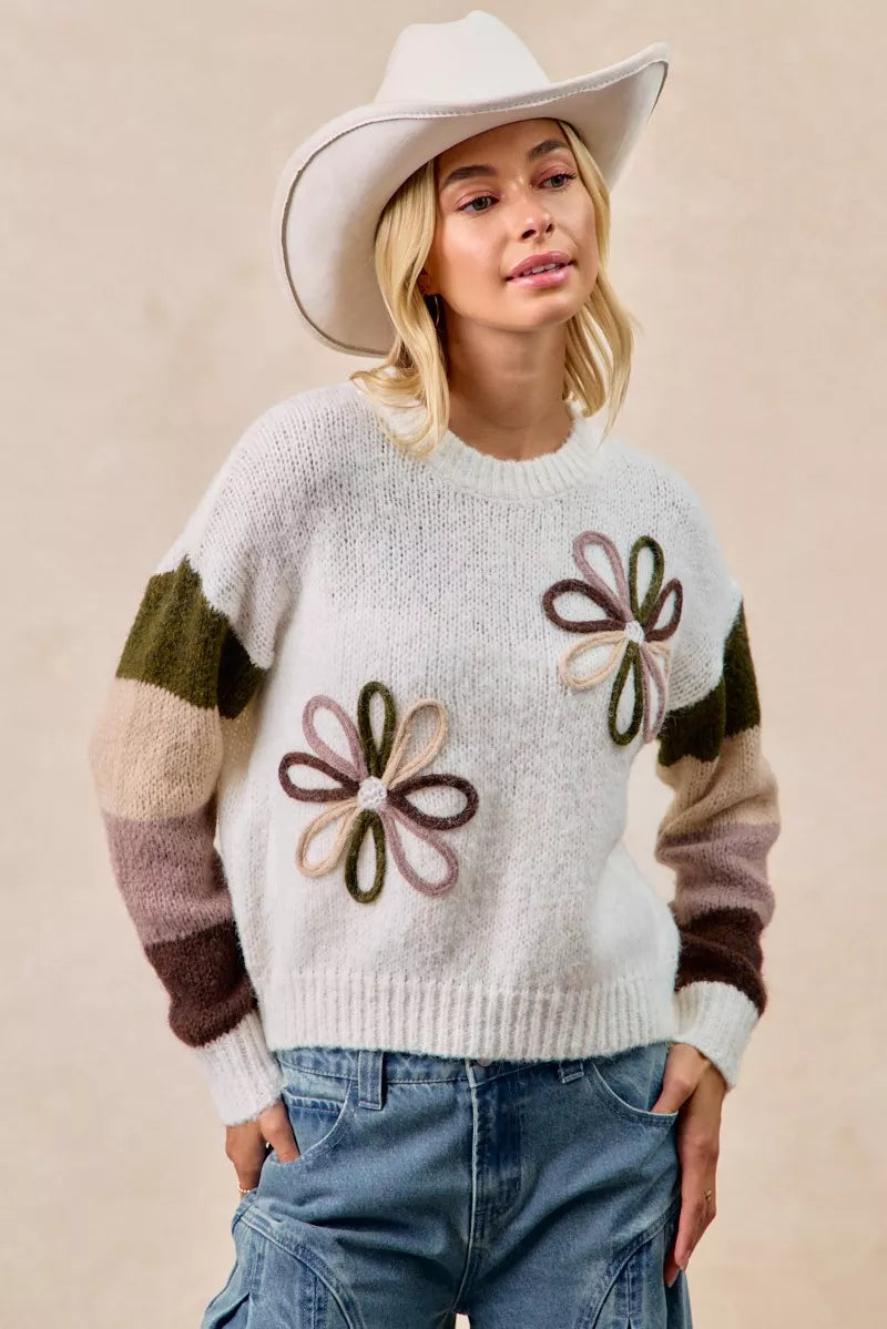 BiBi Flower Color Block Sweater - Tigbul's Variety Fashion Shop
