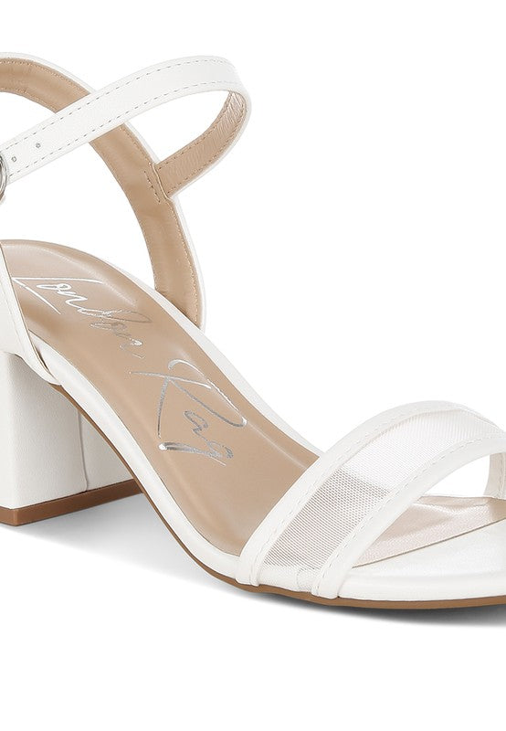 White T-strap mesh pin-buckle block heels with low block heel