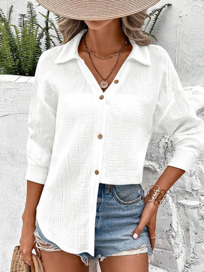 Texture Button Down Side Slit Long Sleeve Shirt - Tigbul's Variety Fashion Shop