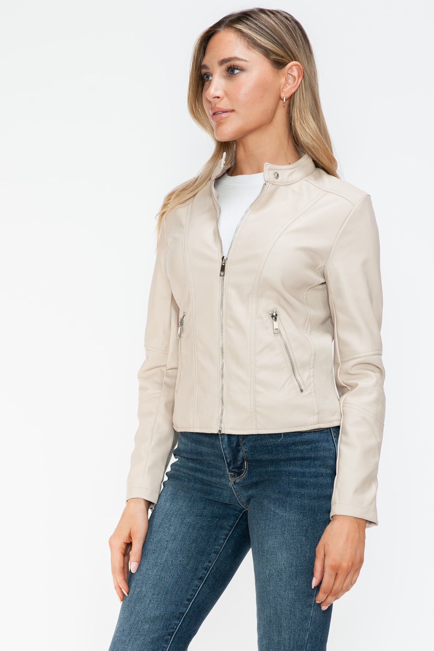 PU Leather Zip Up Jacket with Pockets in Sand Color