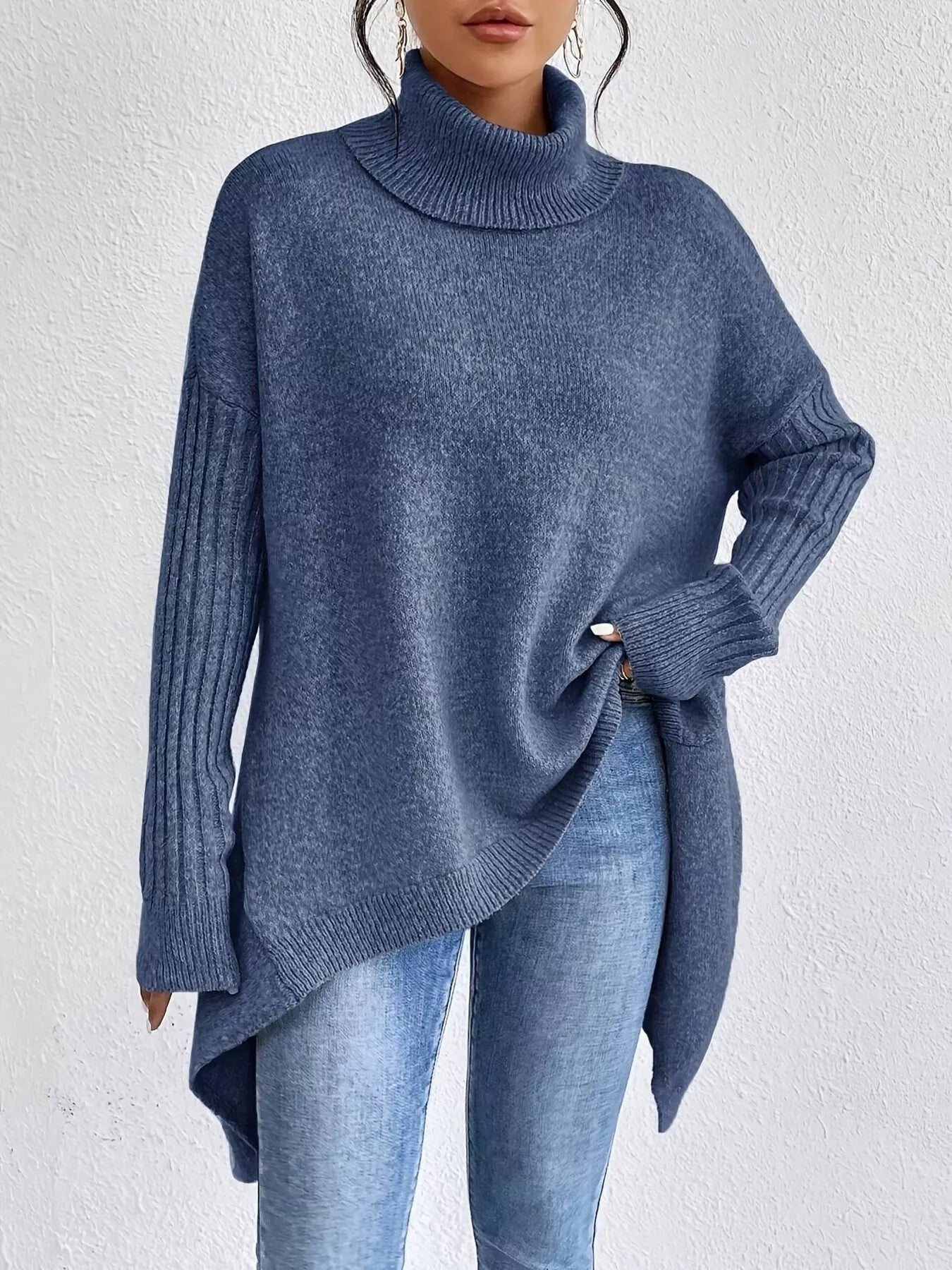 Turtleneck Dropped Shoulder Sweater - Tigbul's Variety Fashion Shop