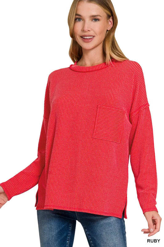 Zenana Long Sleeve Drop Shoulder Rib Top - Tigbul's Variety Fashion Shop