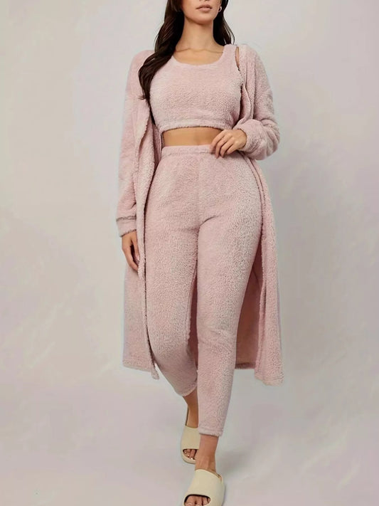 Fuzzy Tank Long Sleeve Cardigan and Pants 3-Piece Lounge Set - Tigbul's Variety Fashion Shop