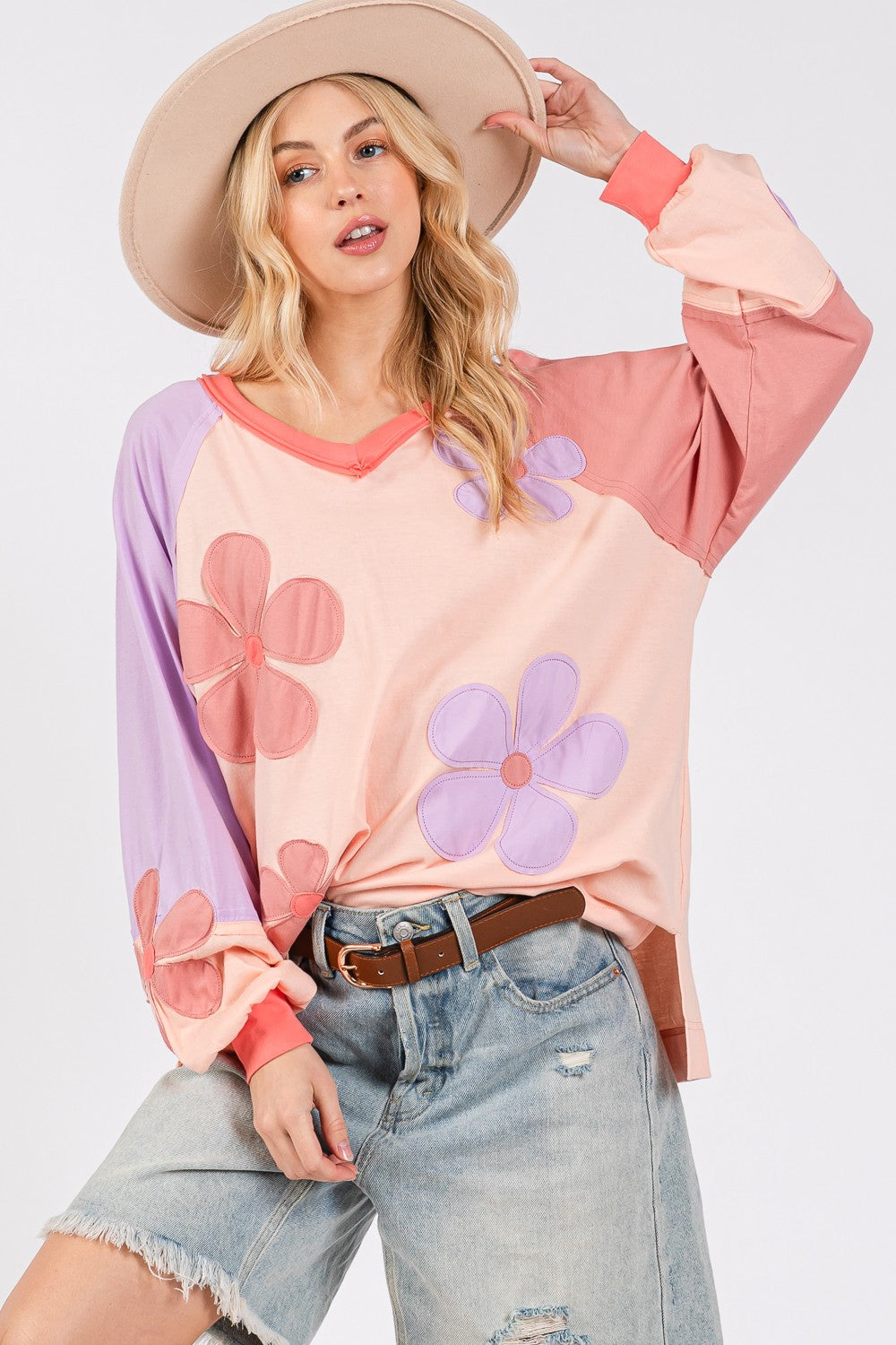 Daisy Applique Patch Color Block Long Sleeve Top - Tigbul's Variety Fashion Shop