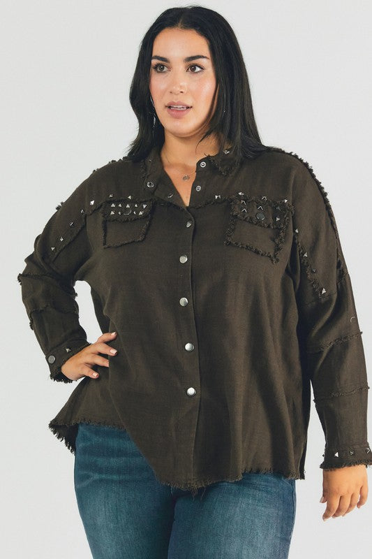 Plus Distressed hem button down oversize shirt - Tigbul's Variety Fashion Shop