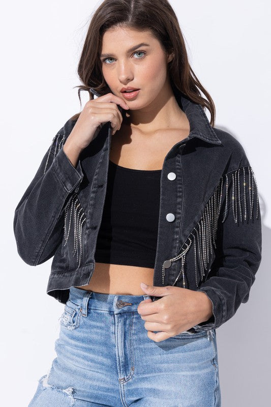 CROP DENIM JACKET WITH RHINESTONE FRINGE - Tigbul's Variety Fashion Shop