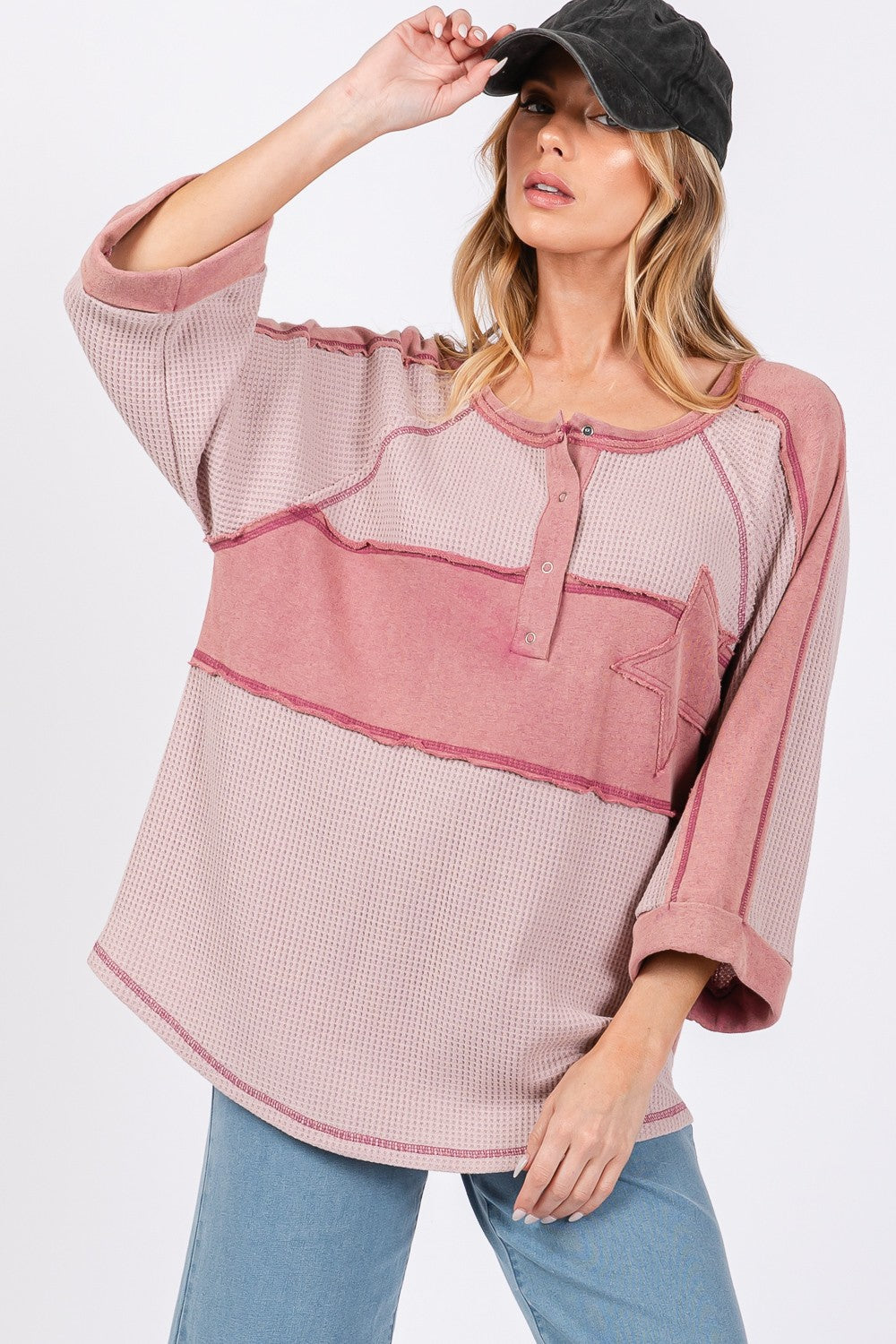 SAGE + FIG Star Applique Patch Exposed Seam Waffle Knit Top - Tigbul's Variety Fashion Shop