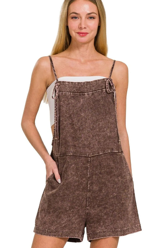 Brown Washed Linen Knot Strap Rompers - Tigbul's Variety Fashion Shop