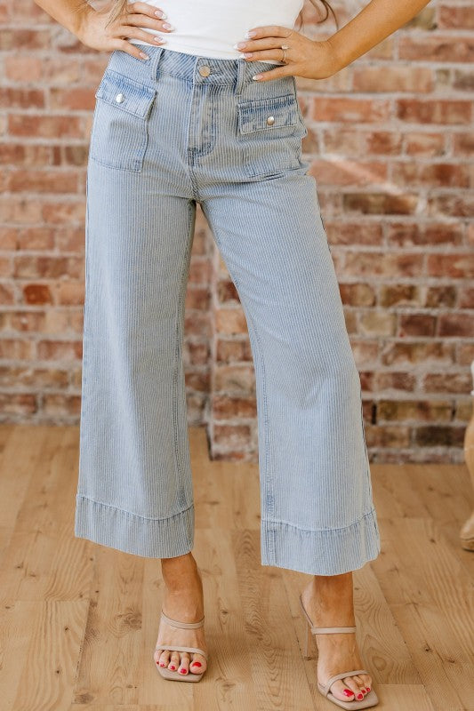Eve Hem Wide Leg Jeans in sky blue stripe, high-rise fit with front button and pockets