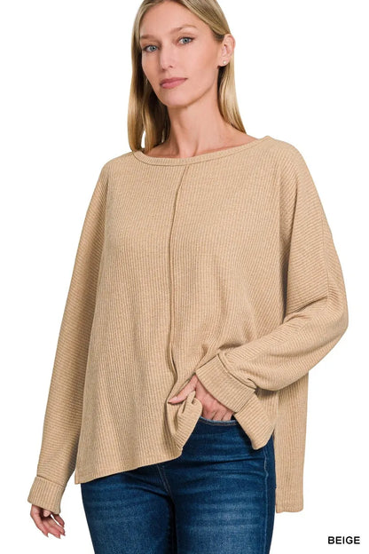 Zenana Ribbed Center Seam Dolman Sleeve Hi Low Sweater - Tigbul's Variety Fashion Shop