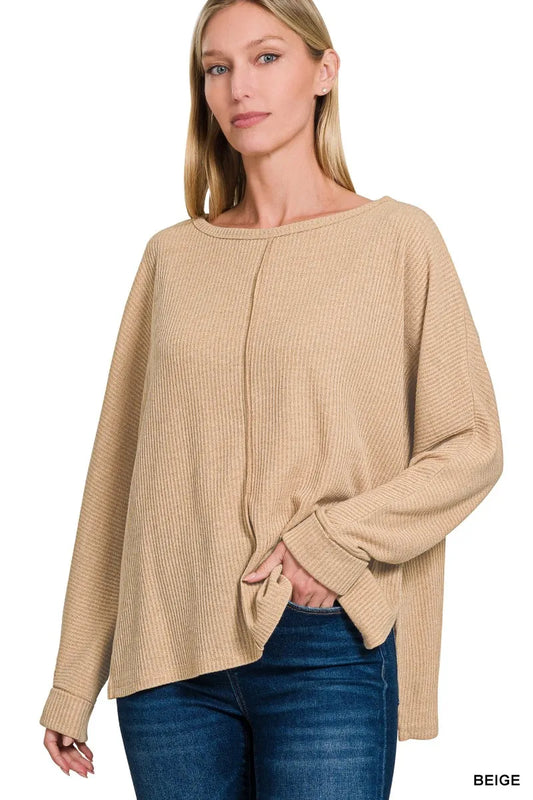 Zenana Ribbed Center Seam Dolman Sleeve Hi Low Sweater - Tigbul's Variety Fashion Shop