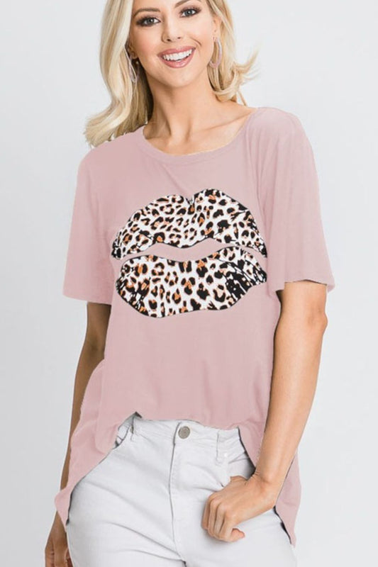 Dusty Pink Leopard Lip Round Neck Short Sleeve T-Shirt Plus Size - Tigbul's Variety Fashion Shop