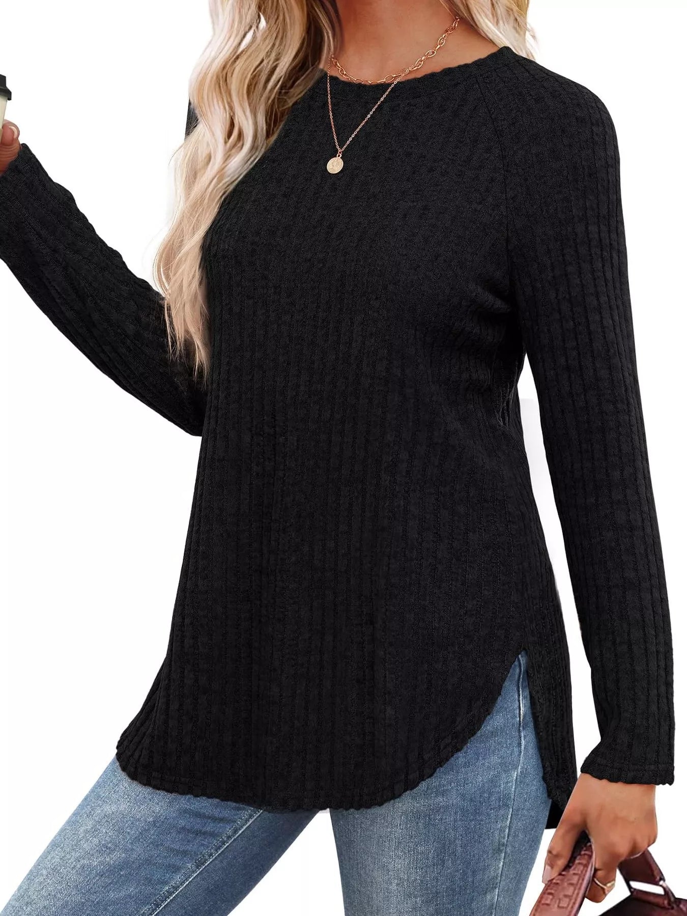 Ribbed Knit Long Sleeve T-Shirt - Tigbul's Variety Fashion Shop