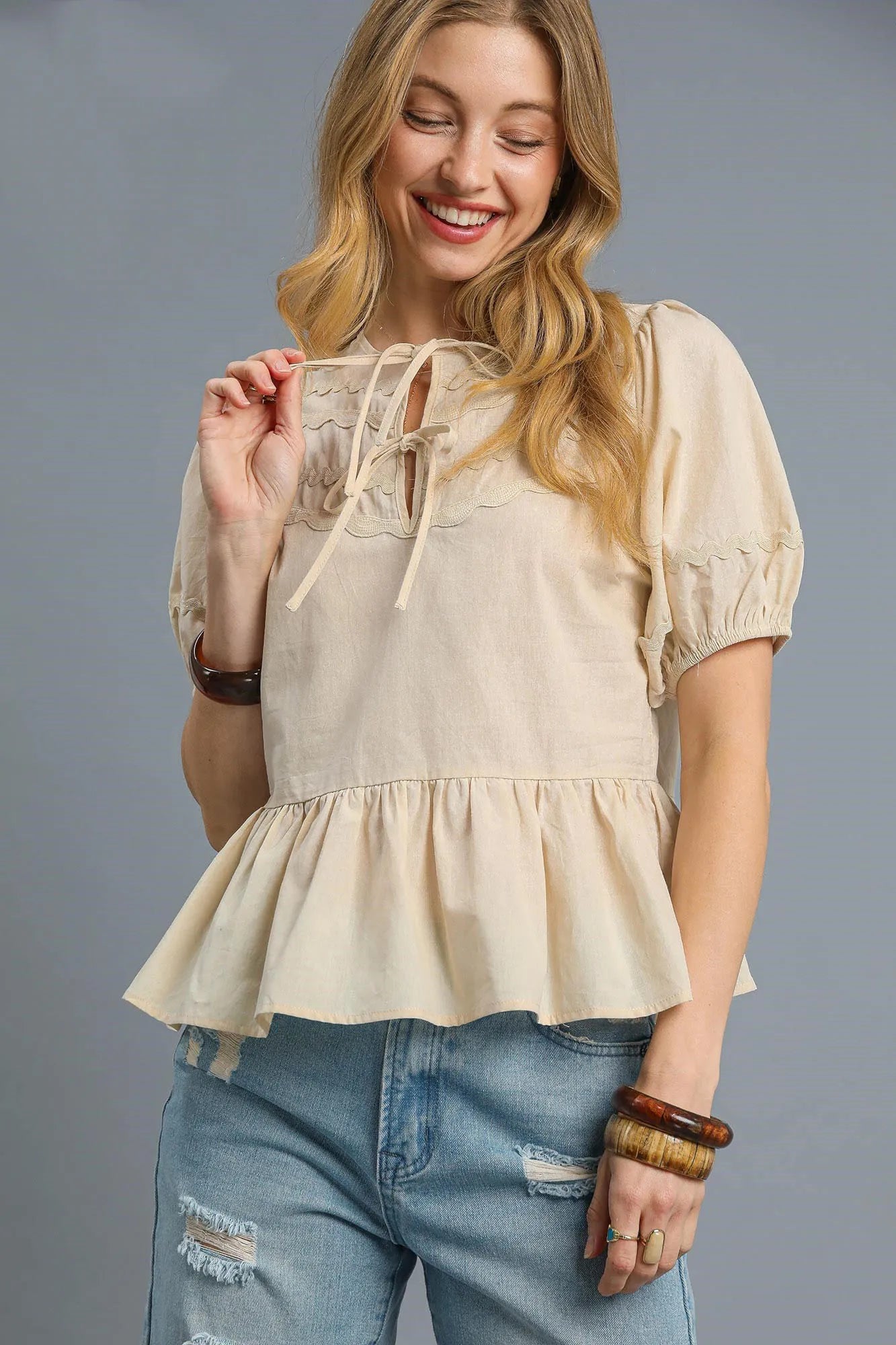 Umgee Tie Front Puff Sleeve Blouse - Tigbul's Variety Fashion Shop