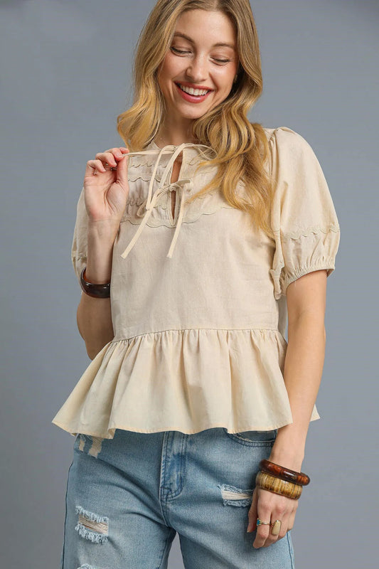 Umgee Tie Front Puff Sleeve Blouse - Tigbul's Variety Fashion Shop