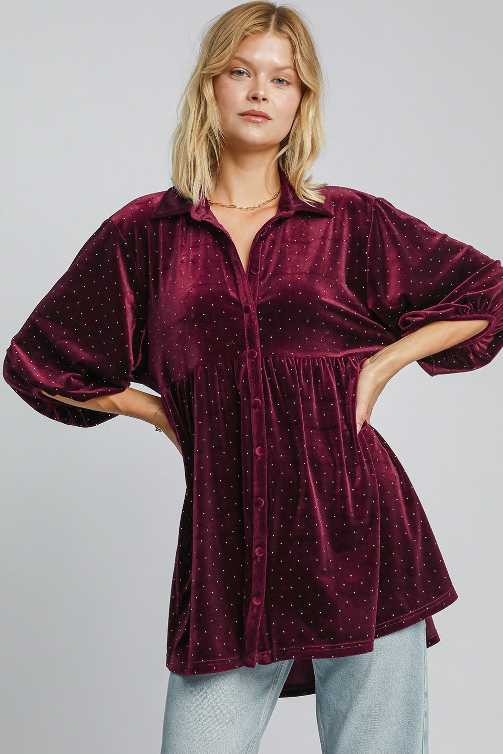 Burgundy Polka Dot Button Up Half Sleeve Shirt - Tigbul's Variety Fashion Shop