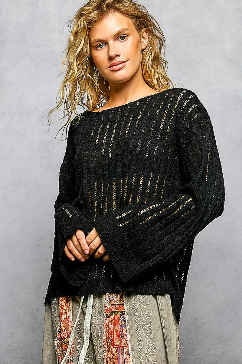 Black long-sleeve open-weave sweater with round neckline and striped knit texture