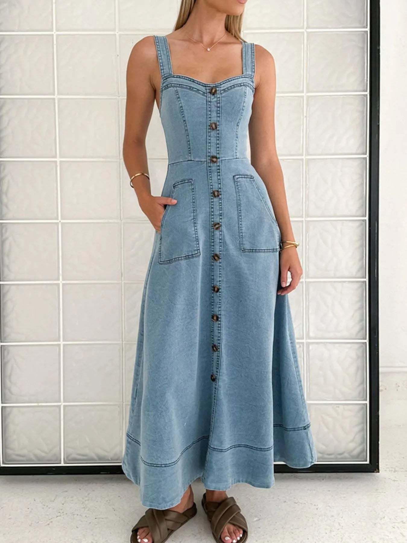 Wide Strap Sweetheart Neck Denim Dress - Tigbul's Variety Fashion Shop