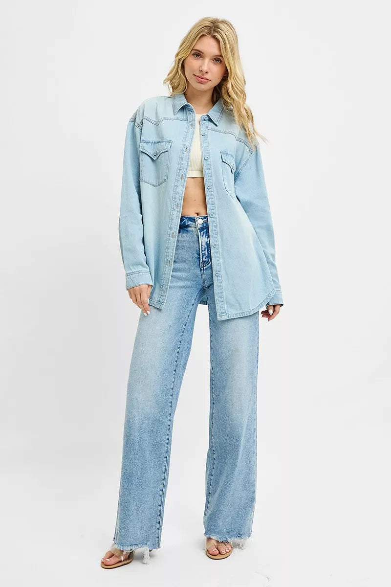 Light blue denim western yoke relaxed fit shirt, long sleeves, button front