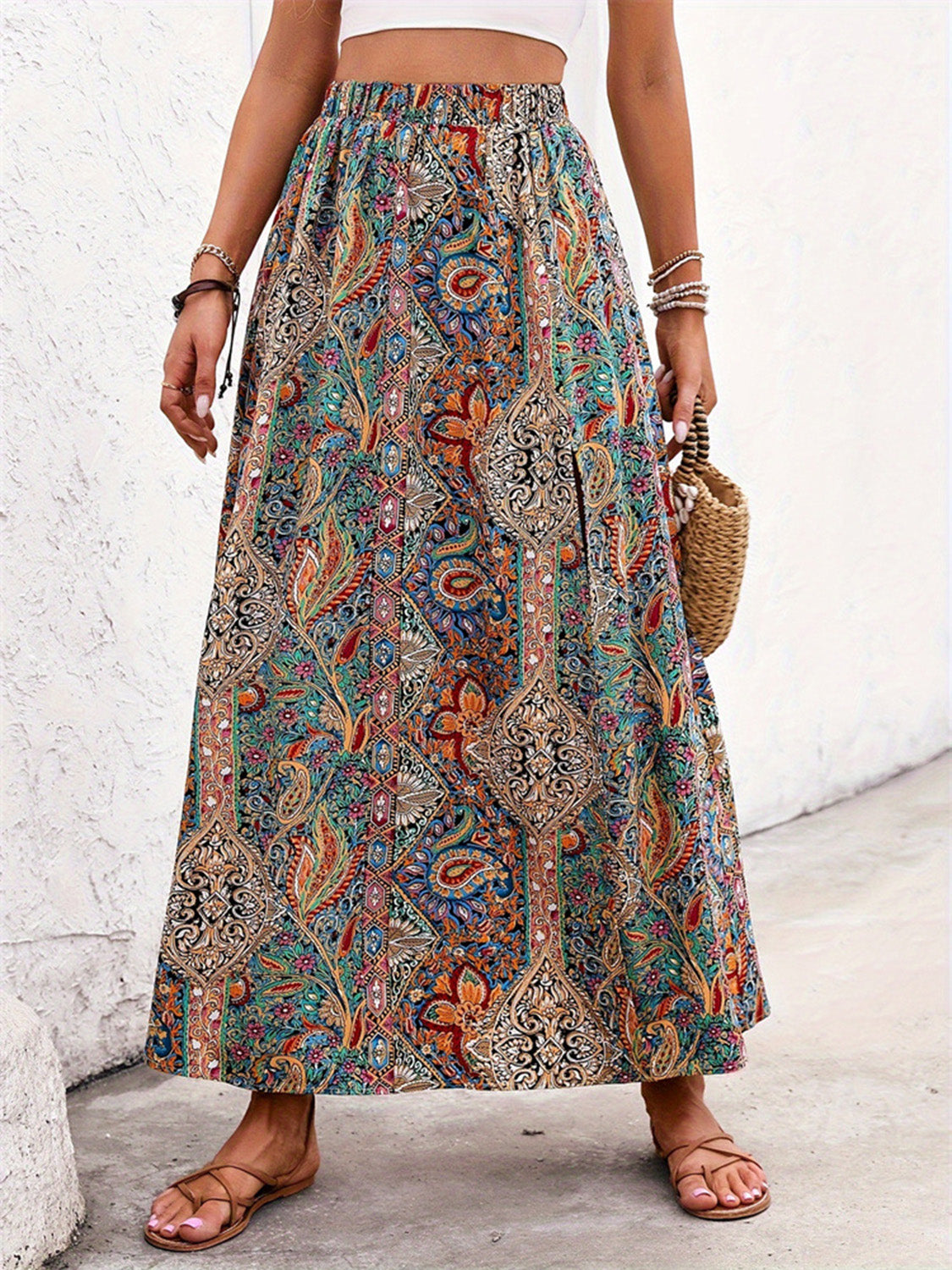 Slit Printed Elastic Waist Skirt - Tigbul's Variety Fashion Shop