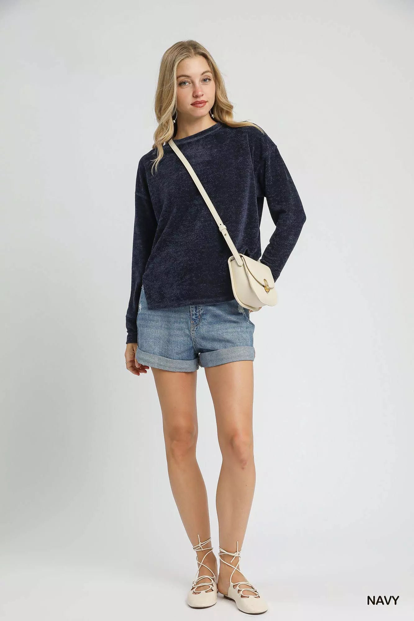 Umgee Round Neck Long Sleeve Side Slit Top - Tigbul's Variety Fashion Shop