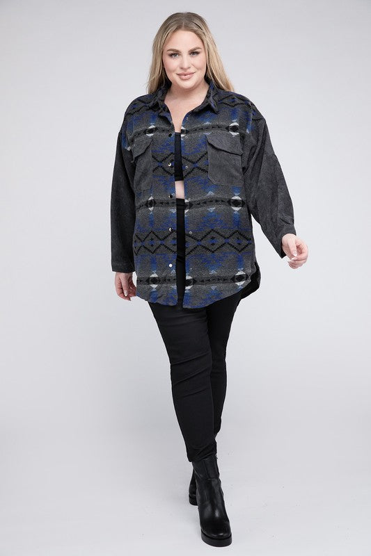 Plus Printed Button Down Long Sleeve Jacket - Tigbul's Variety Fashion Shop