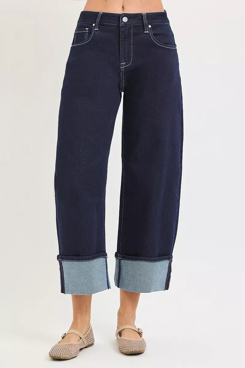 Slouchy crop barrel jeans in dark wash, front seams, button fly, cuffed hem