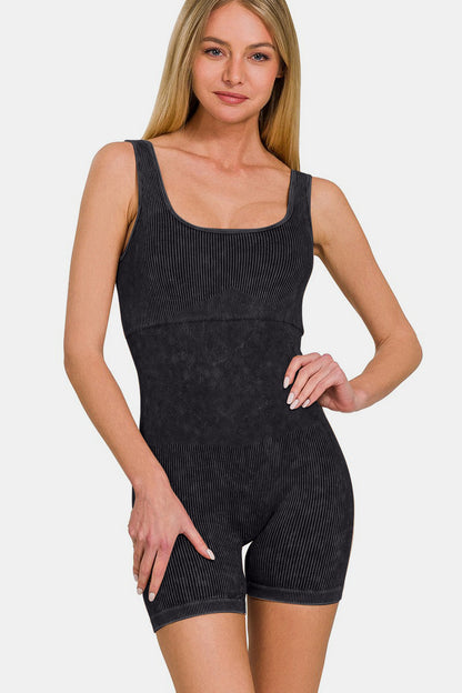 Zenana Washed Ribbed Romper with Pad - Tigbul's Variety Fashion Shop