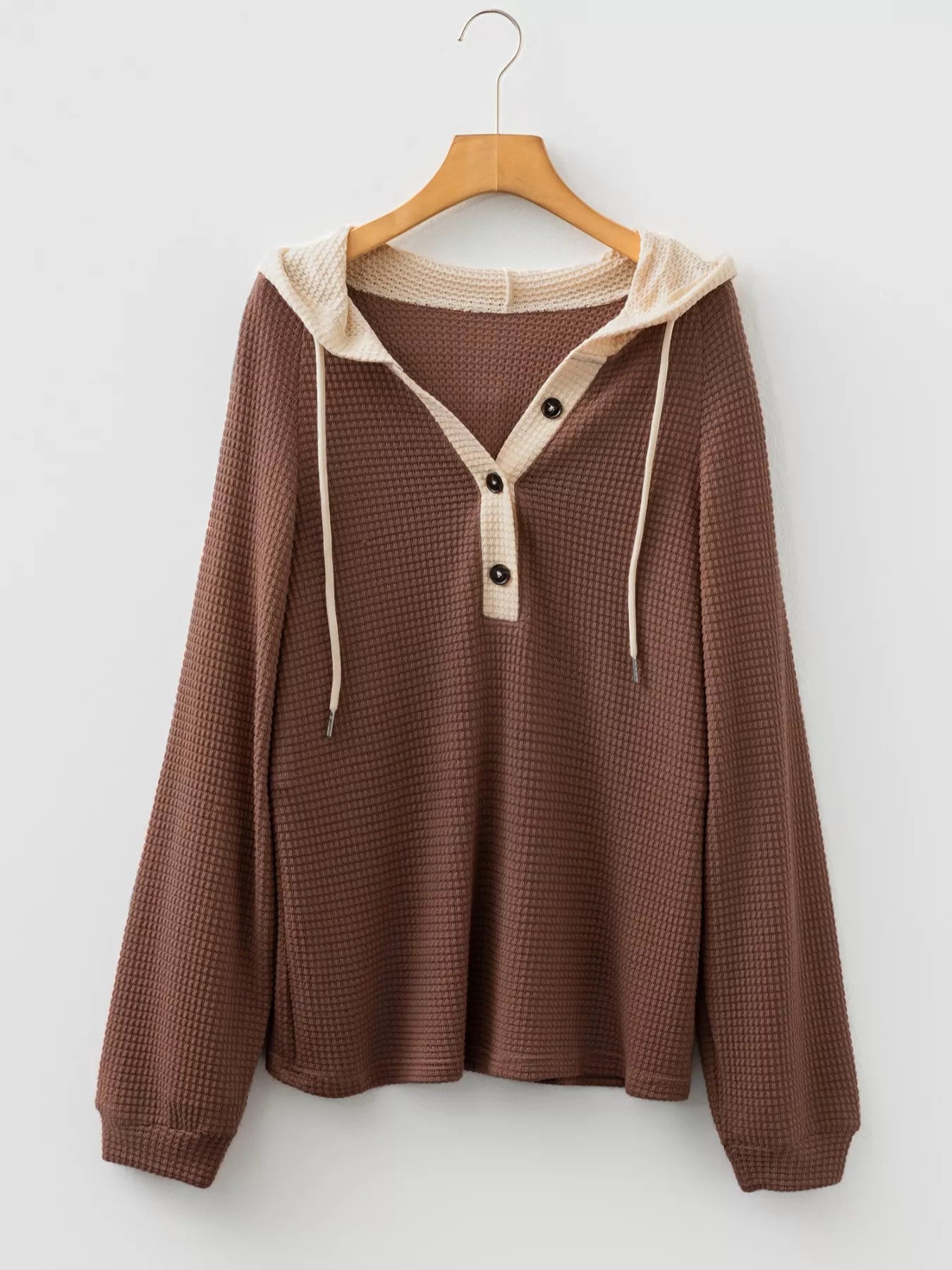 Waffle Contrast Half Buttoned Hooded Pullover Top - Tigbul's Variety Fashion Shop