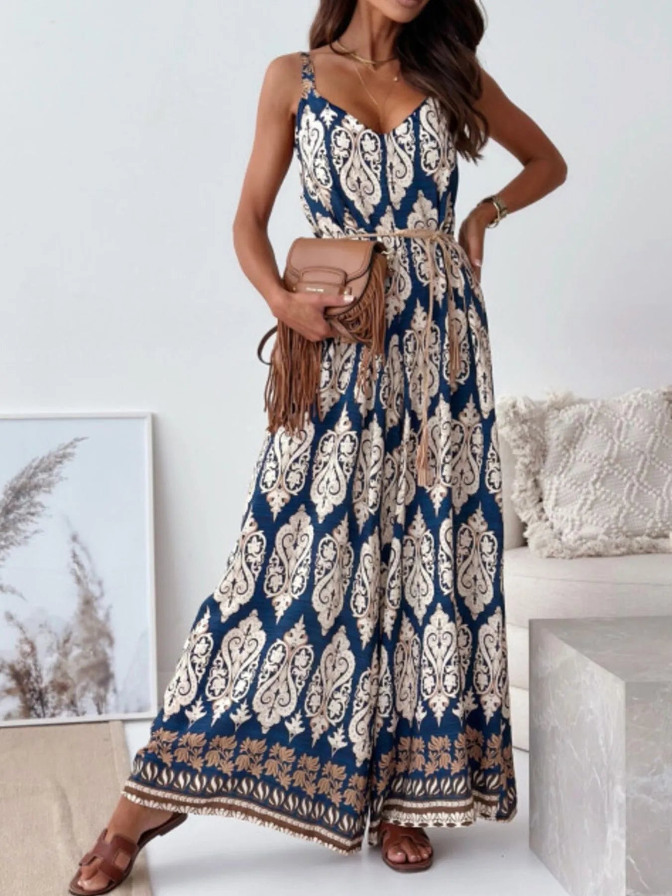 Paisley Print Spaghetti Strap Wide Leg Jumpsuit - Tigbul's Variety Fashion Shop