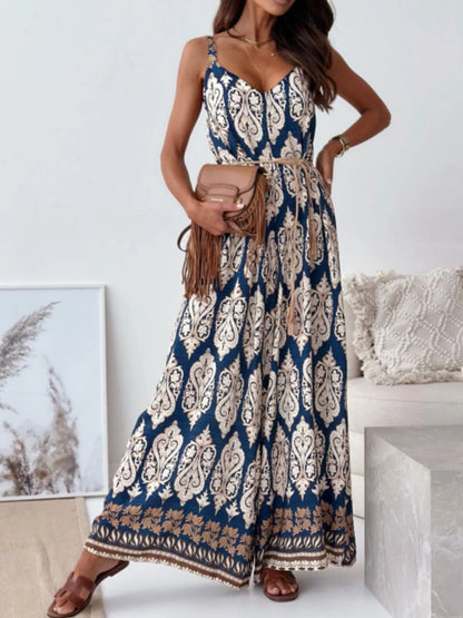 Paisley Print Spaghetti Strap Wide Leg Jumpsuit - Tigbul's Variety Fashion Shop