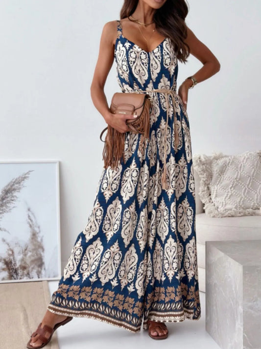 Paisley Print Spaghetti Strap Wide Leg Jumpsuit - Tigbul's Variety Fashion Shop