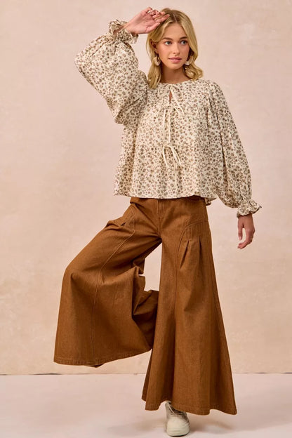 BiBi Floral Printed Peplum Blouse with Shirring and Tied - Tigbul's Variety Fashion Shop