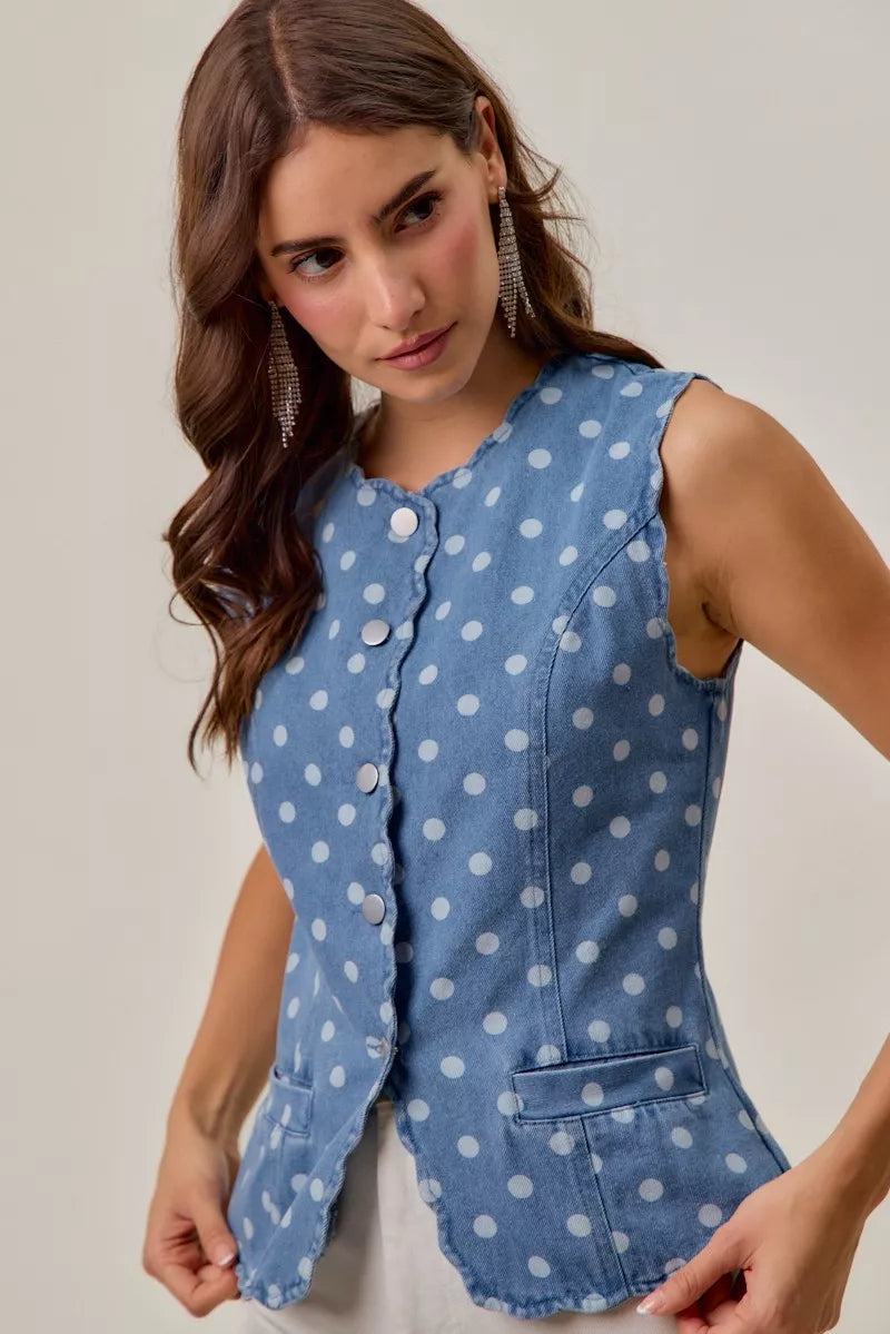 Polka Dot Blue Denim Scallop Edge Button Down Vest Top - Tigbul's Variety Fashion Shop