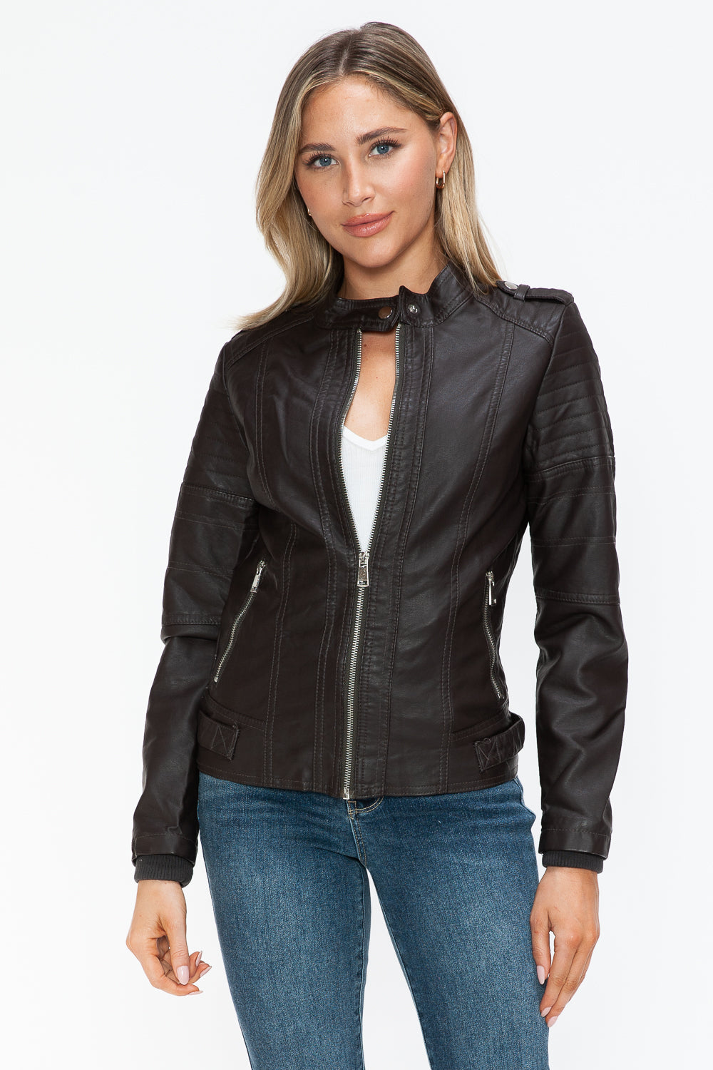 Brown PU Leather Biker Jacket with Side Zip Pockets