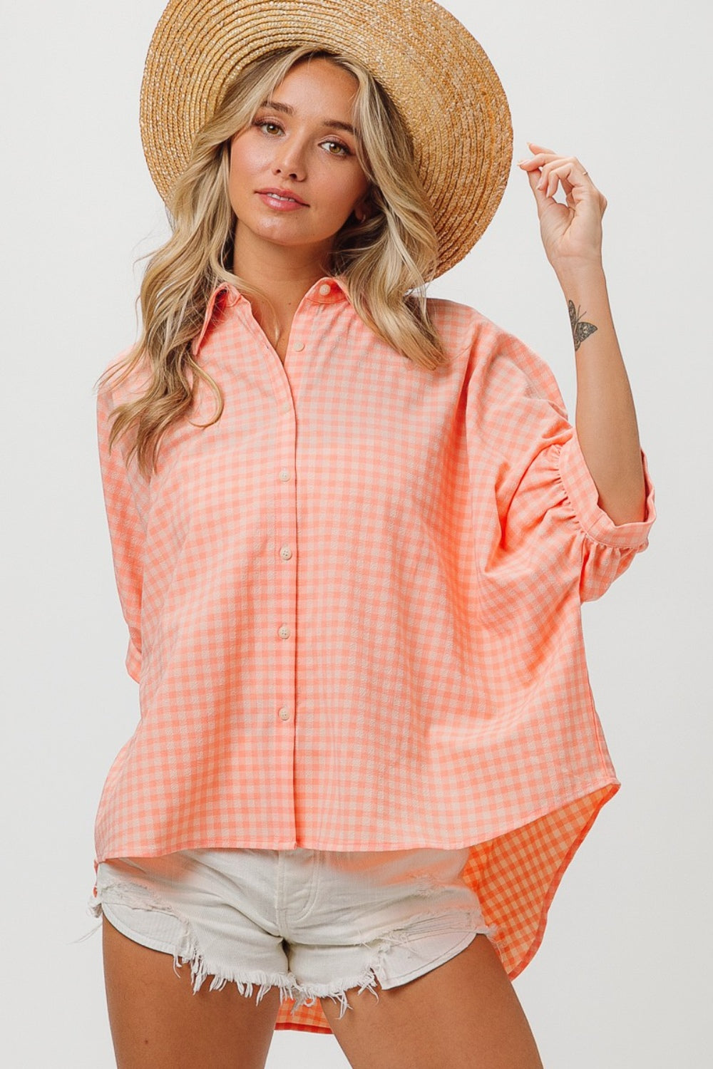 BiBi Plaid Button Up Dolman Sleeve Shirt - Tigbuls Variety Fashion