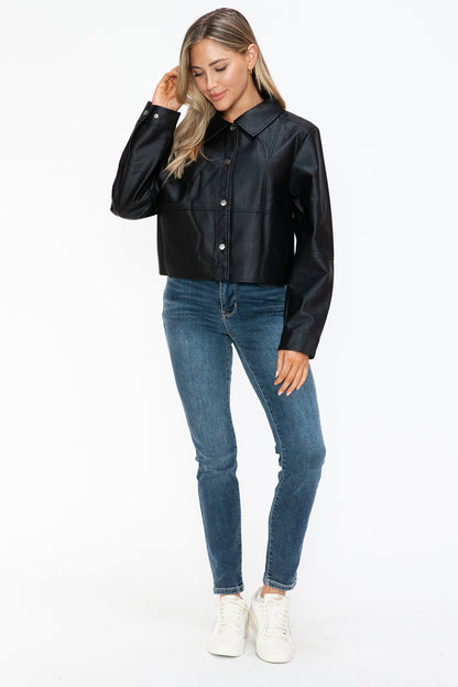 Black Snap Down Long Sleeve PU Leather Jacket