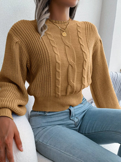 Cable Knit Round Neck Cropped Sweater - Tigbul's Variety Fashion Shop