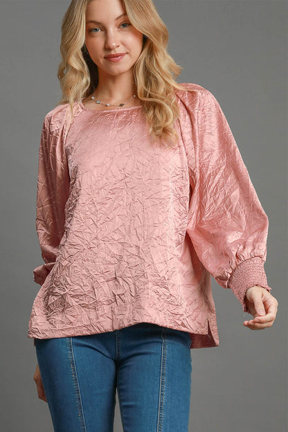 Pink Wrinkled Round Neck Lantern Sleeve Blouse - Tigbul's Variety Fashion Shop