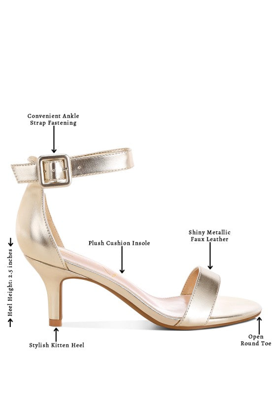 Metallic silver kitten heel sandals—round toe, ankle strap, cushioned insole, faux leather