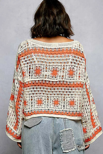 POL Boat Neck Long Sleeve Crochet Top with Granny Square Weaving - Tigbul's Variety Fashion Shop