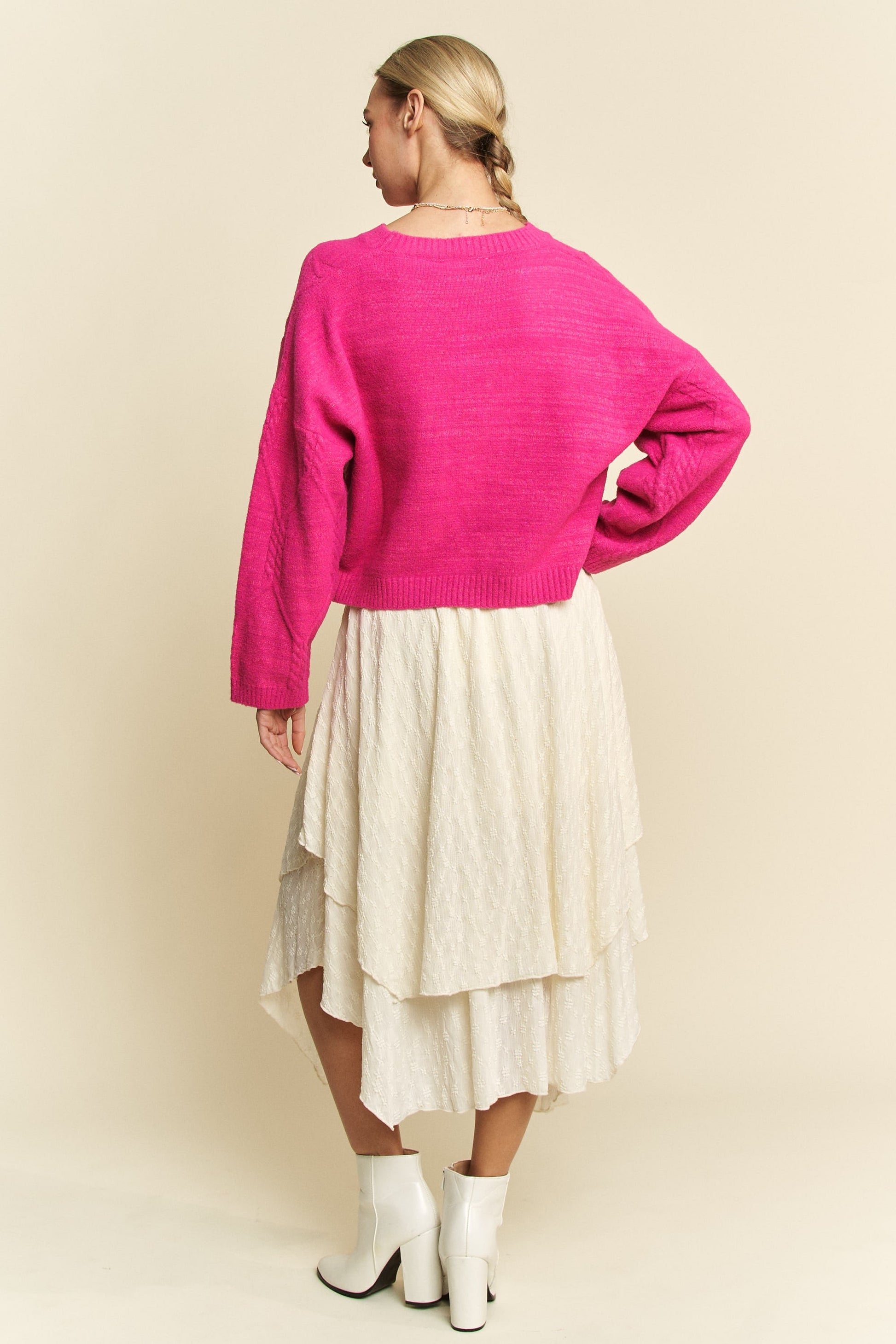 Davi & Dani Diamond Cable Pattern Drop Shoulder Sweater - Tigbul's Variety Fashion Shop