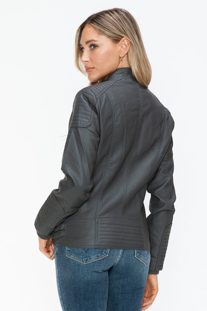 Charcoal Faux Leather Biker Jacket with Side Zip Pockets