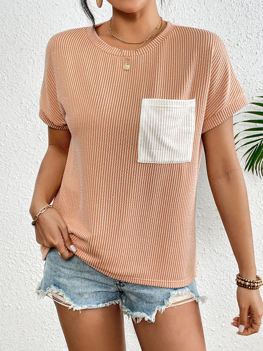 Ribbed Contrast Pocket T-Shirt - Tigbul's Variety Fashion Shop