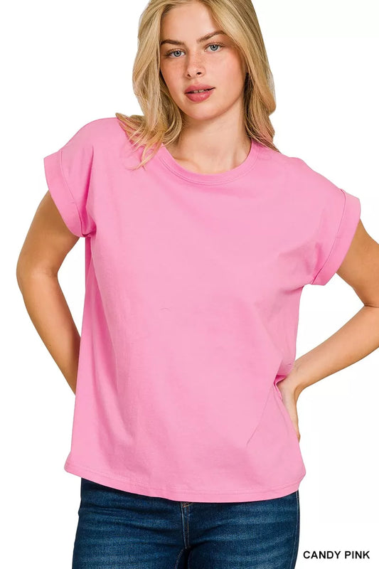 Zenana Round Neck Folded Short Sleeve T-Shirt - Tigbul's Variety Fashion Shop