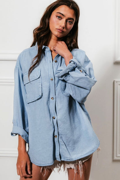 BiBi Button Down Stitch Detail Shirt with Chest Pockets - Tigbul's Variety Fashion Shop