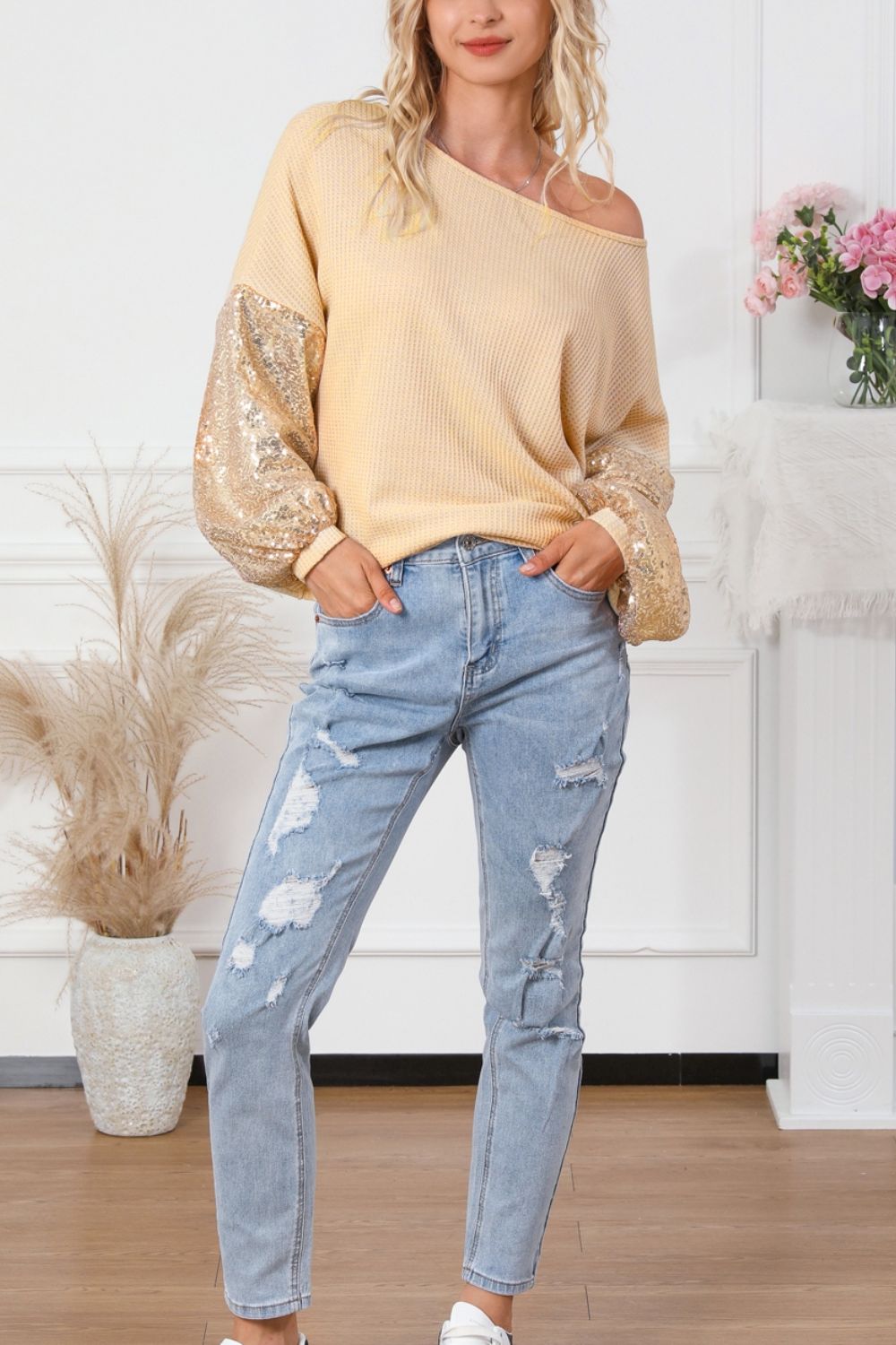 Sequin Crisscross Boat Neck Long Sleeve Blouse - Tigbul's Variety Fashion Shop