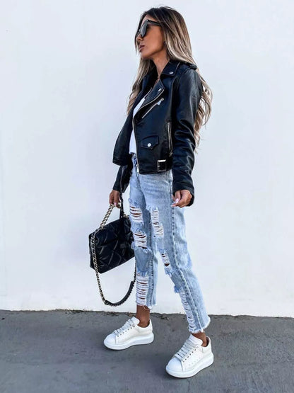 Full Size Zip Up Leather Motorcycle Biker Jacket Plus Size - Tigbul's Variety Fashion Shop